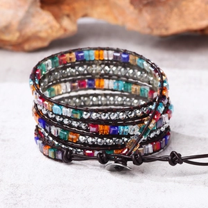 Bohemian multi-layer wrap bracelet with tiger eye stones and colorful crystal beads