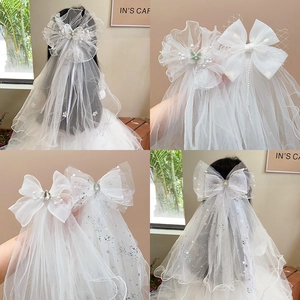 White princess lace veil headband with pearls and bow for flower girls weddings