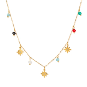 Fashionable gold star pendant necklace with colorful beads on polished steel chain