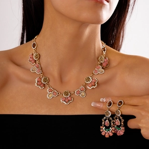 Vintage Flower Jewelry Alloy Resin Pink Tiger Eye Stone Rhinestone Necklace And Earrings With Silver Earring Post For Women