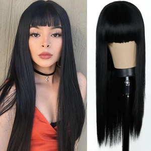 Long straight black hair wig with bangs featuring natural synthetic fibers on model