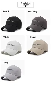 Detailed view showing five color options of cotton baseball caps with sport embroidery