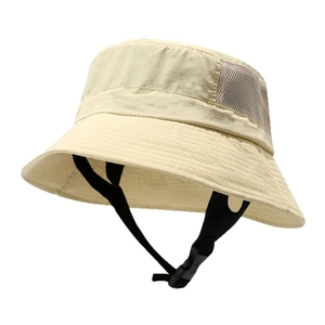 Beige wide brim bucket hat with breathable mesh vents and adjustable chin strap