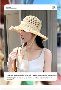 Detail of a beige wide-brim straw hat with elegant lace trim and long ribbon ties
