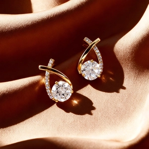 Elegant fishtail cross zircon stud earrings in gold finish on luxury silk fabric