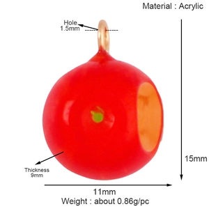 Close-up of red acrylic cherry fruit pendant with size specs and gold metal hook