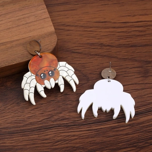 Brown acrylic spider earrings with tortoise shell pattern and wooden studs for Halloween