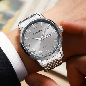 Automatic mechanical men's watch with steel strap and Roman numerals on silver dial