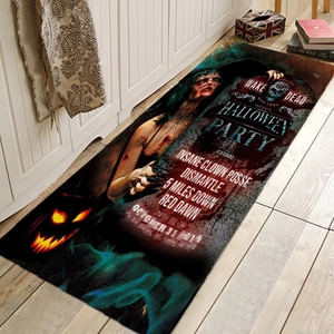 Detail of Halloween runner rug with spooky zombie and pumpkin print on wooden floor