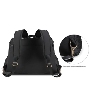 Detail of the black waterproof quilted diaper bag showing detachable shoulder straps and hooks