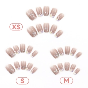 French nude gradient press-on nails with silver glitter and shimmer in XS S M sizes