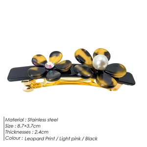 Elegant tortoise shell flower hair clip with pearl and rhinestone on gold stainless base
