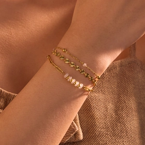 Fashion Gold Multi-Layer Stacked Stainless Steel Bracelet With Natural Stone White Beads Disc Pendant Women Jewelry