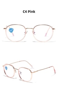 Detail of pink TR90 round frame glasses with anti-blue light and UV400 lens stickers