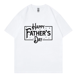 Close-up of Happy Father's Day letter print on white cotton crew neck short sleeve T-shirt