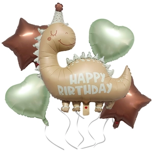 Detail of dinosaur balloon set with heart and star shapes for jungle party decor