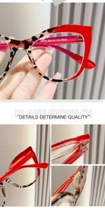 Detail view of cat eye frame model 28078 showing red and leopard print hinge structure