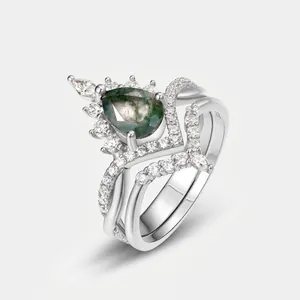 Vintage 925 Sterling Silver Moss Agate Ring For Women Gold Plated Crown V Shape Pave Zirconia Engagement Wedding Jewelry