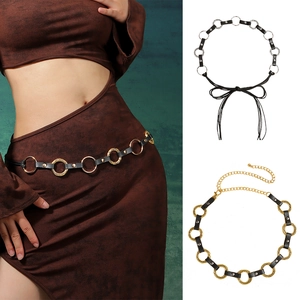 Women Waist Chain Belt PU Leather Alloy Metal Rings Geometric Vintage Punk Style Decorative Body Chain For Dresses