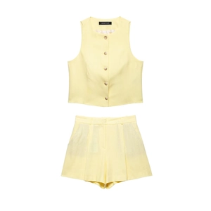 Zweiteiliges Damen-Set aus Leinenmischung mit ärmelloser Weste und Shorts mit hoher Taille