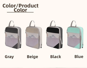 Travel organizer bags set in grey, beige, black and blue with mesh windows and zippers