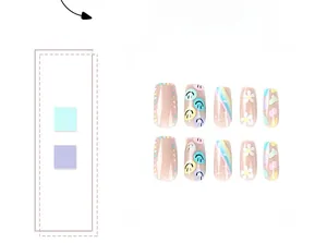 Detail of hand-painted press-on nails with colorful smiley faces and daisy patterns