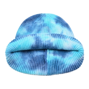 Tie-dye knit beanie hat in blue and white with thick ribbed design for winter outdoor use