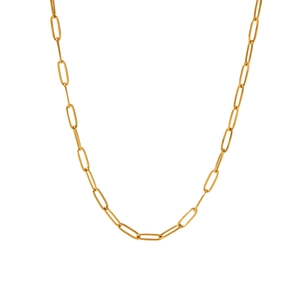 Detailed view of polished golden stainless steel paperclip chain on white background