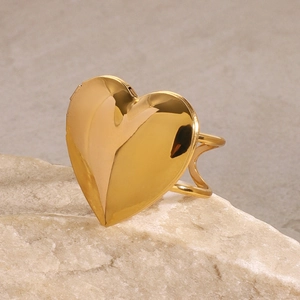 Minimalist 18k gold stainless steel open ring with a polished heart photo locket charm