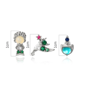 Three dainty micro-pave animal stud earrings with colorful gemstones in 1cm size