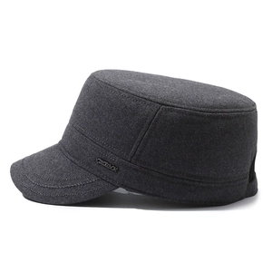 Deep grey wool cadet cap for elderly men featuring warm ear flaps and metal side badge