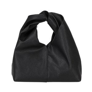 Minimalist black faux leather cloud bag with a unique twist knot handle and grainy texture