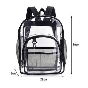 Front view of transparent PVC backpack with dimensions 36x28x12cm and mesh pockets