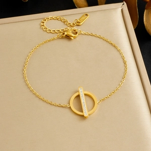 Stainless Steel Bracelet For Women Gold Plated Geometric Circle Bar Charm Zircon Inlaid Minimalist Jewelry Gift
