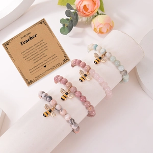 Natural agate and crystal beaded bracelets with bee charms and teacher greeting card
