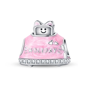 Detail of pink toaster charm with holiday text and cubic zirconia on 925 silver
