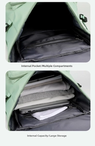 Internal compartments of the light green fitness bag showing laptop storage and large capacity