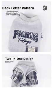 Detail of grey pet sweatshirt with Paris embroidery and blue checkered patchwork fabric