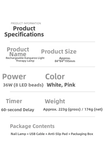Spécifications de la lampe à ongles kangourou 36W rechargeable avec 8 perles LED