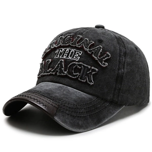 Distressed vintage washed cotton baseball cap with embroidered letters in dark charcoal grey