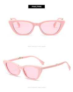 Pink cat eye folding sunglasses with matching frames and lenses shown in dual views