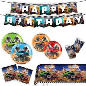 Monster Truck themed birthday party set with banners, plates, cups and tablecloth