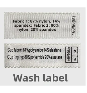 Detailed care label showing fabric composition of nylon spandex and UK size 34 M