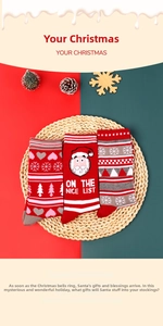 Detailed close-up of three Christmas crew socks with Santa Claus and snowflake patterns