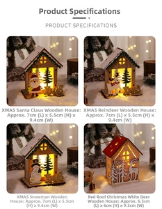 Detailed view of four lighted wooden Christmas house ornaments with XMAS motifs and LED