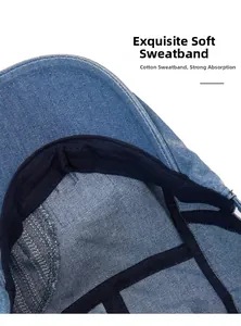 Detail of the soft cotton inner sweatband on a vintage washed blue denim beret cap