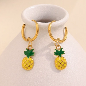 Detail of 18K gold-plated hoop earrings with vibrant yellow pineapple fruit charms