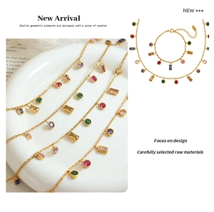 Detailed view of gold titanium steel jewelry set with colorful geometric zircon crystals