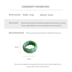 Detailed size chart for green acrylic geometric bracelet showing 20cm length and 3.2cm width