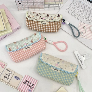 Quilted cartoon pencil case set with bear and rabbit prints in various plaid colors